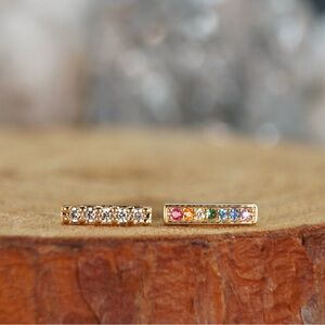 Solid 14k gold CZ pave bar press fit/ threadless end. Rainbow or clear